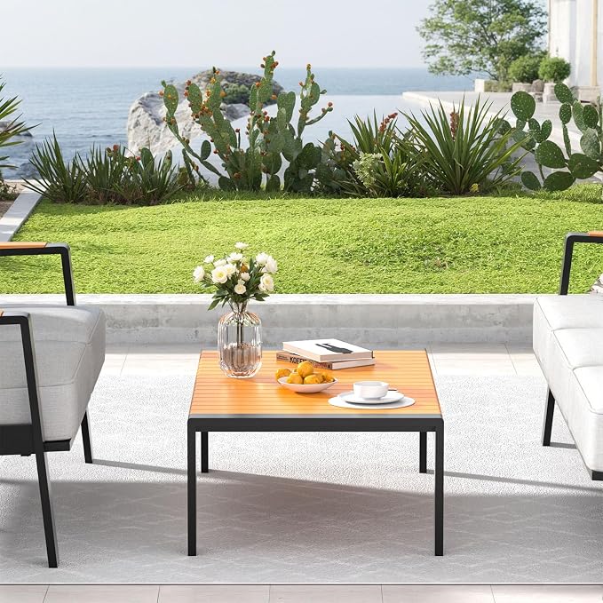 Aluminum Outdoor Patio Coffee Table for for Deck, and Poolside (Black, Dark Teak)