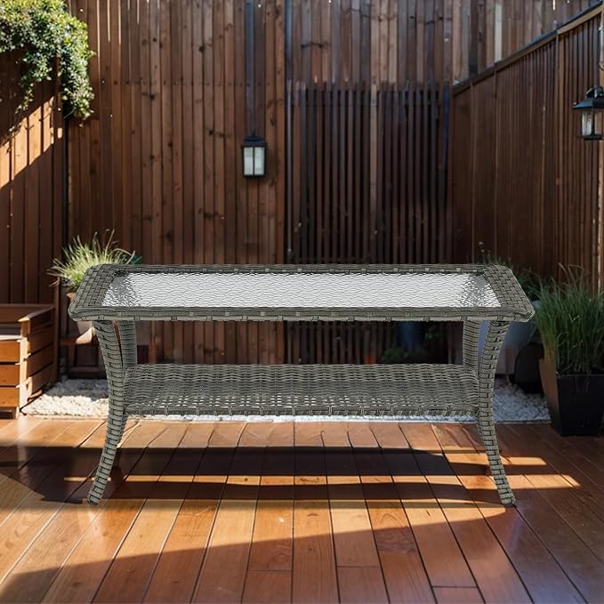 Outdoor Coffee Table - Patio Rattan Wicker Coffee Table with Tempered Glass Top and 2-Tier Storage Outdoor Table for Deck Porch Balcony Garden - Grey