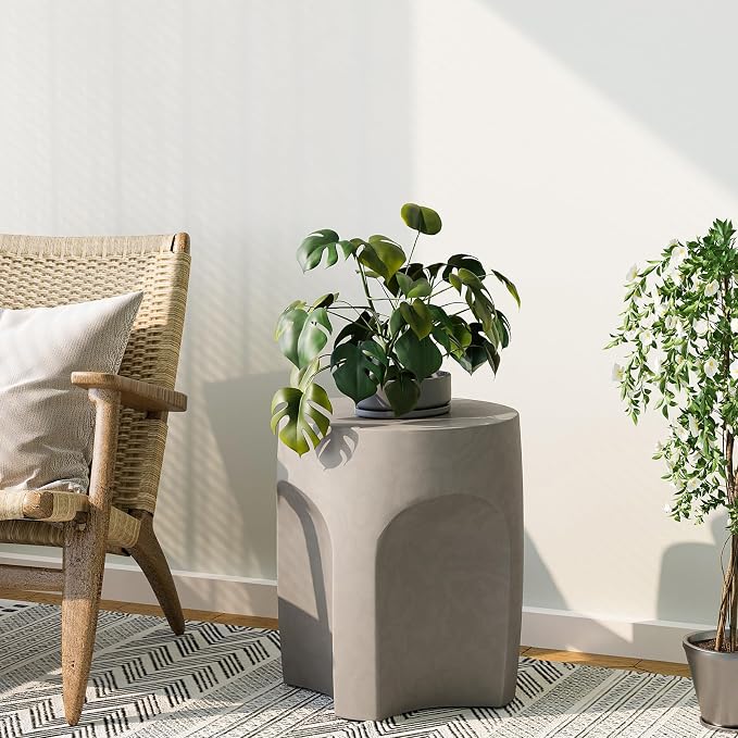 SUNBURY Outdoor Side Tables for Patio, 17" H Concrete Accent End Table, Indoor Small Round Patio End Table, Garden Stools for Yard, Arch Shape Cement Color