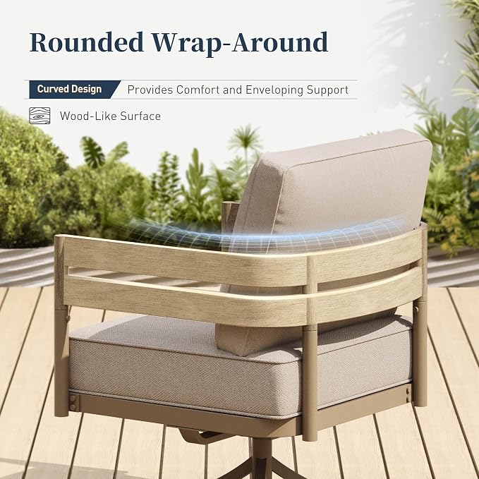SUNSHINE VALLEY Metal Frame Patio Furniture Set, Wood-Like Modern Outdoor Patio Furniture Set with Cushion, Patio Seating Set with Swivel Chairs, Patio Conversation Set for Backyard Deck