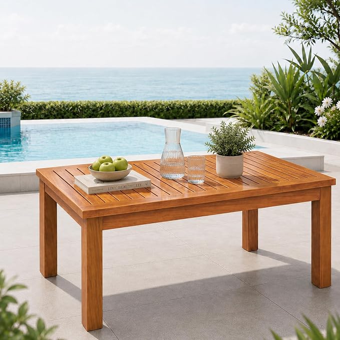 Outdoor Teak Coffee Table, 40" Wooden Patio Coffee Table with Protective Cover, Solid Teak Outdoor Coffee Table for Patio, Garden, Poolside, Balcony and Backyard