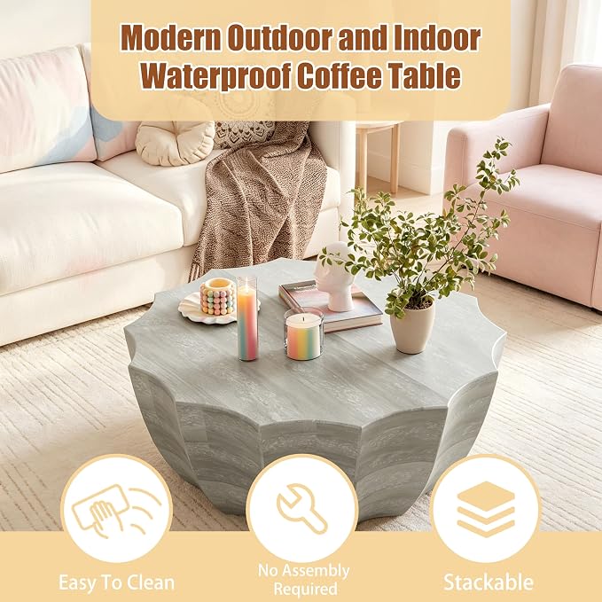 35.43" Round Outdoor Coffee Table, Durable MgO Cement Design – Waterproof for Patio, Garden & Living Room, Stylish & Low-Maintenance (Marble white-11-35.43")