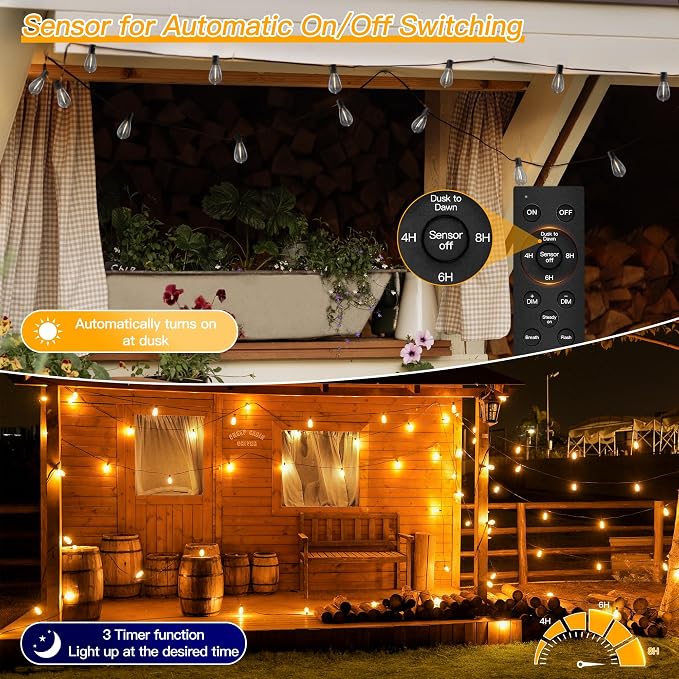 Ollny S11 Outdoor String Lights with Remote, 30 FT 3 Modes Dimmable Timers Waterproof Connectable Patio Lights, 15+1 LED Spare Bulb Dusk to Dawn Hanging Light for Indoor Porch Balcony Cafe