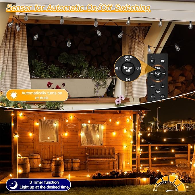 Ollny S11 50FT Outdoor String Lights with Remote, 3 Modes Dimmable Timers Waterproof Connectable Outside Lights, 24+2 LED Spare Bulbs Dusk to Dawn Hanging Light for Yard Balcony Camping Gazebo Garden