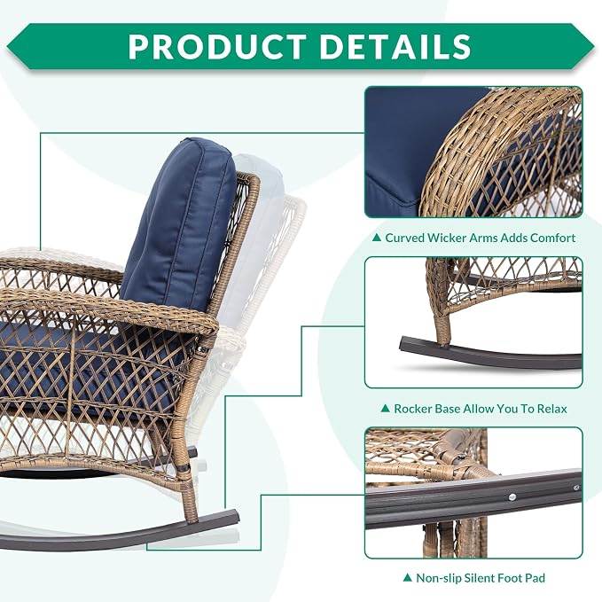 VIVIJASON 7-Piece Outdoor Patio Wicker Conversation Sets, All Weather Outdoor Rattan Furniture Set Includes Glider Loveseat, 2 Rocking Chairs, 2 Glider Rocker Chairs, 2 Coffee Table, Navy Blue