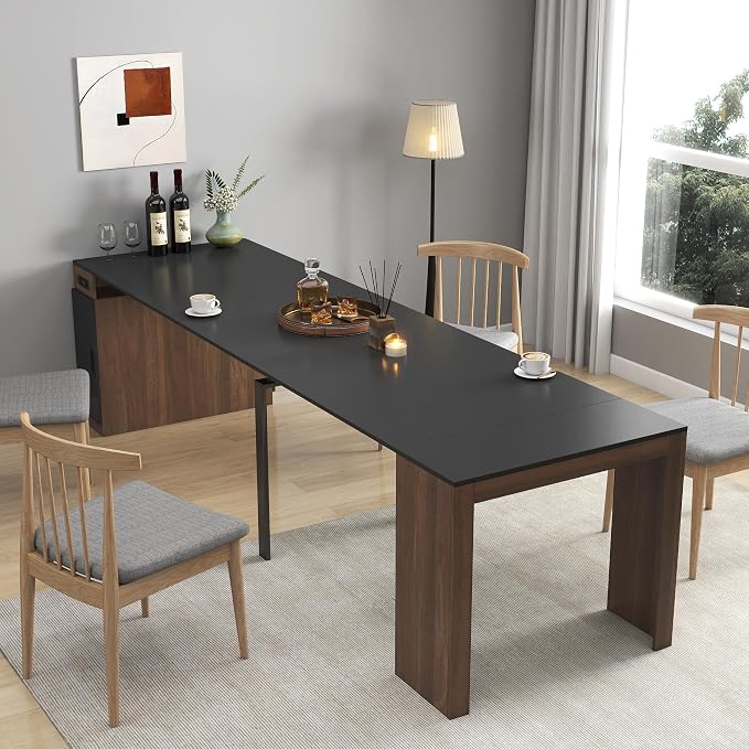 23.62”-118.11” Extendable Dining Room Table, 1-10 People Wood Long Foldable Tables with Storage Cabinet & Outlet, Space Saving Expanding Table with for Kitchen, Living Room, Walnut Black