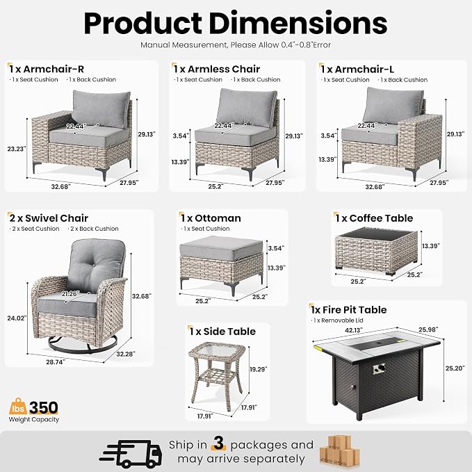 ovios 9-Piece Patio Furniture Set with L-Shape Sofa Chaise, Outdoor Sectional Couch Swivel Gliders Fire Pit Table, Modern Modular Wicker Rattan Conversation Set, Dark Grey
