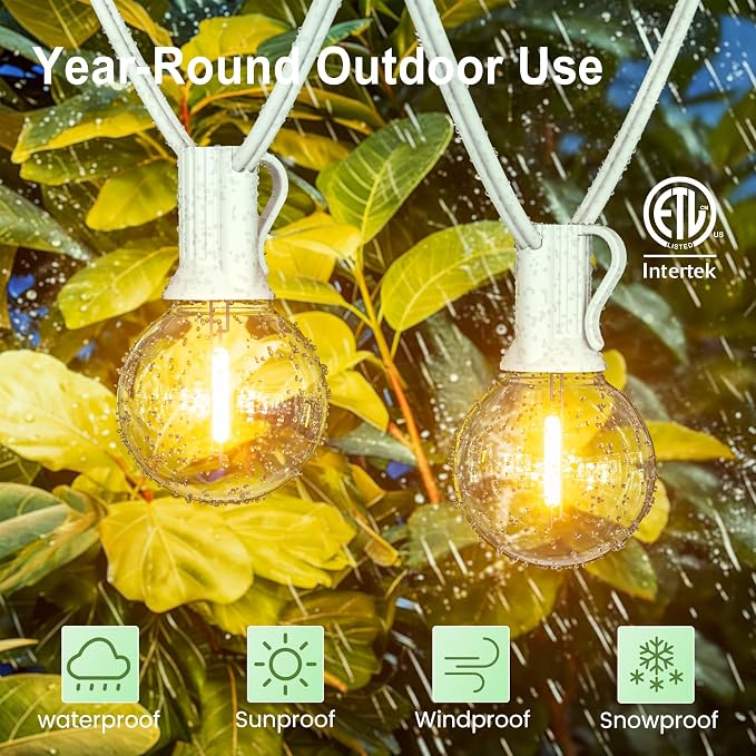 White Outdoor String Lights 30FT (1FT Apart) Remote for Patio Wedding Party | Connectable Waterproof Outside Lighting with 28 Globe Bulbs Remote Dimming & 3 Modes,Timmer for Porch Bistro Fence Backyard
