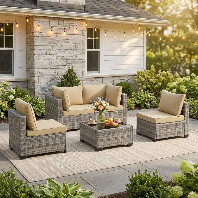 ANJ 5 Piece Outdoor Wicker Patio Furniture Set, Modular Loveseat Sofa with with Glass Top Coffee Table, All-Weather Rattan Conversation Couch Set for Balcony, Backyard, Light Grey Wicker-Camel