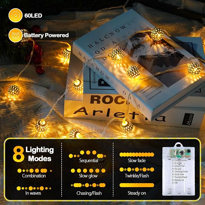 Moroccan String Lights Battery Operated 60 LED 36 FT Globe Fairy Lights | Warm White String Light for Bedroom, 8 Lighting Modes & Timer, for Party Wedding Garden Christmas Indoor Decor