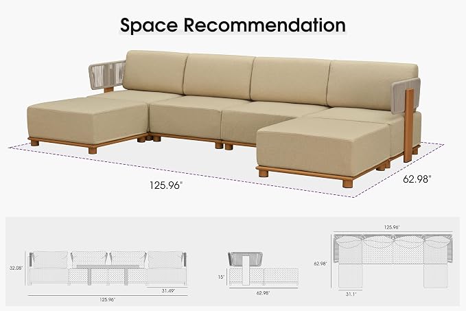 PURPLE LEAF Patio Furniture Set Modular U-Shaped Outdoor Sectional Sofa with 11" Thick Olefin Cushion 6-Piece Outdoor Conversation Set with Ottomans for Backyard Garden Poolside, Beige