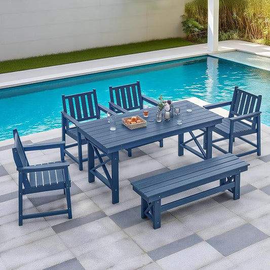 Outdoor Patio Dining Set for 6, HDPE Dining Furniture Set with Umbrella Hole Cut-Out Table and 4 Chairs and 1 Bench, All Weather Outdoor Dining Bench Sets for Garden, Deck, Navy Blue