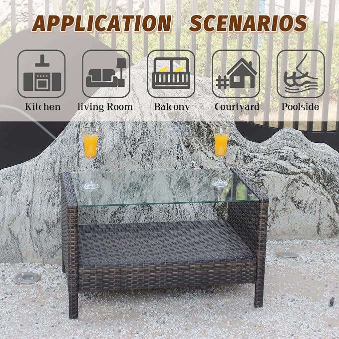 Outdoor Rattan Patio Side Tables, Wicker Table with Clear Tempered Glass Top, Patio End Tables with Storage Shelf, Outdoor Small Tables for Patio,Porch,Balcony,Backyard (Brown, 34.60 Inch)