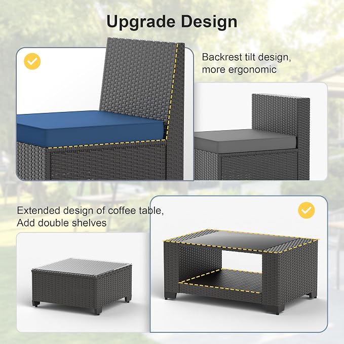 Patio Furniture Set, 7PCS Outdoor Sectional with Ottoman Wicker Rattan Patio Couch with Thickened Cushion Modular Wicker Patio Conversation Set with Glass Top Table for Balcony, Backyard (Dark Blue)