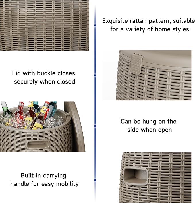 Outdoor Cooler Side Table, 9.5 Gallon Weather-Resistant Portable Ptio Cooler Table, Resin Rattan Round Cool Bar with Lid for Patio, Decor, Pool, Party (Gray)