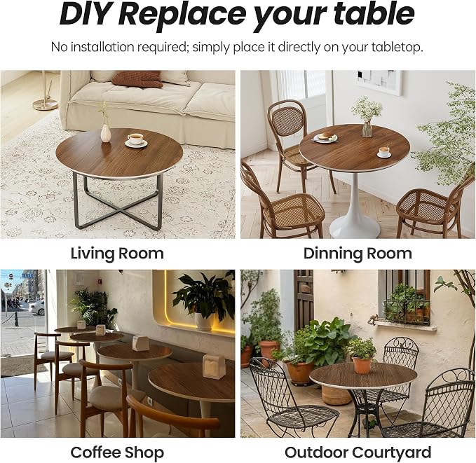 Table Top 35.4″ Round Walnut Sintered Stone - Heat Scratch Stain Resistant for Dining Office Bar Patio, Weatherproof Easy Clean