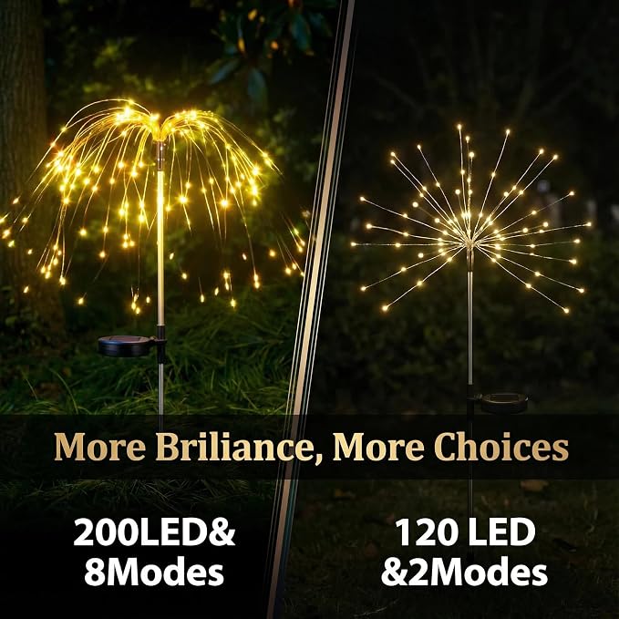 Solar Firework Lights Outdoor, Adjustable 32" to 51" Extra Tall, 200 LED Stainless Steel 3-Section Pole, 8 Modes Waterproof Starburst Garden Lights for Yard Pathway Walkway Decor(Warm White 2 Pack)