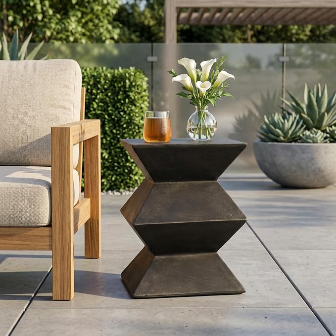 Outdoor Concrete Side Table, Cylinder Patio End Table, Faux Stone Accent Table with Geometric Pedestal for Indoor Outdoor, Garden Stool Coffee Table for Patio, Garden, Backyard - 15.5" Black MgO