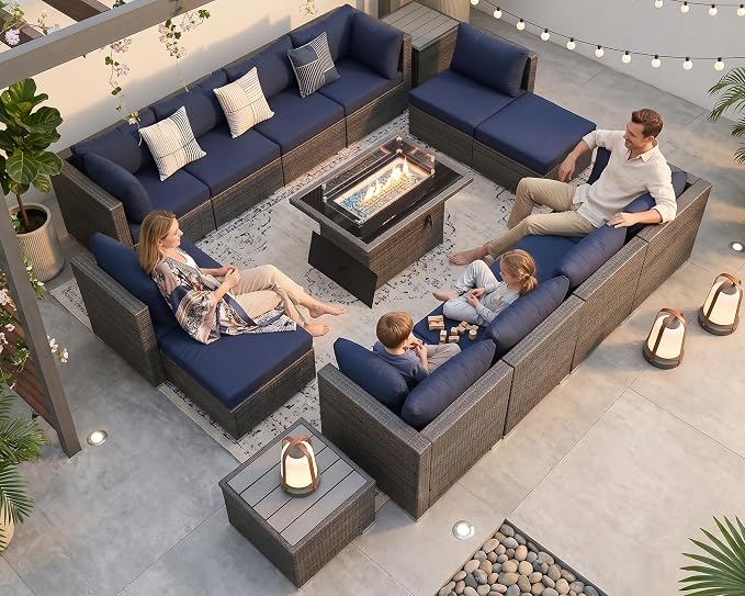 NICESOUL 15 Piece Patio Furniture with Fire Pit, Heavy Duty Wicker Outdoor Sectional with Firepit Table, Big Large Sectional 12-Seats w/Firepit Propane/Natural Gas, Gray & Navy Blue