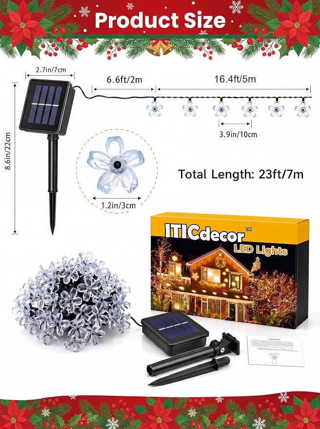 ITICdecor Solar Flower String Lights Outdoor Waterproof 50 LED Solar Powered Fairy Lights for Garden, Fence, Patio, Yard, Christmas Tree & Party Decor(Red&White)