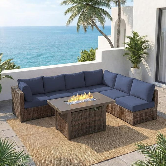 7 Piece Outdoor Patio Furniture Set with 42" Fire Pit, Wicker Furniture Sectional Conversation Sofa Set with Comfortable Cushions, Blue