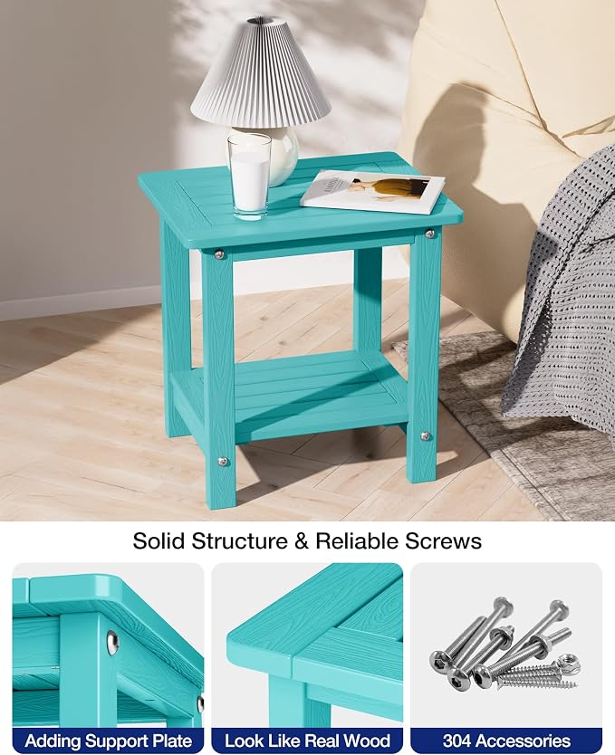YEFU Outdoor Side Table for Patio: 16" HIPS Weather - Resistant Adirondack Tables Set of 2 - Small Square End Table for Backyard Living Room Bedroom - Indoor Outdoor Double Layer Table Aruba