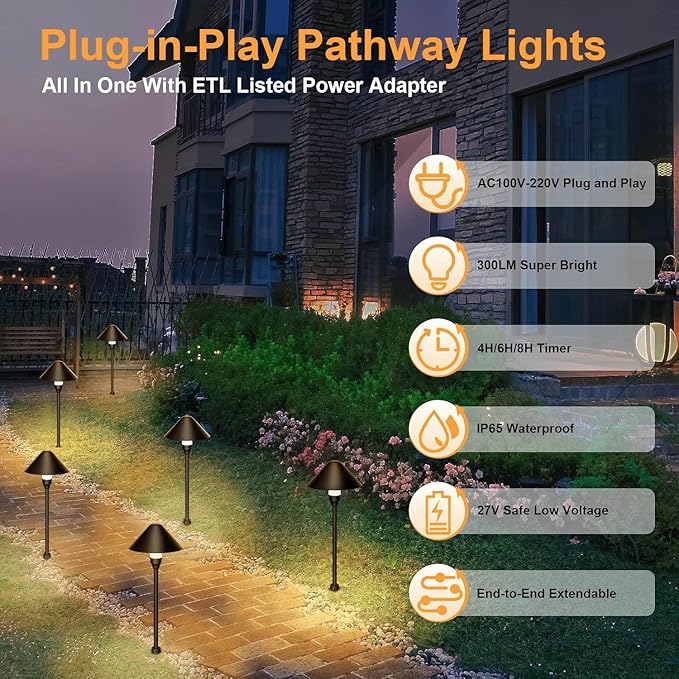 Low Voltage Pathway Lights with Transformer, 4H/6H/8H Cycle Timer | Plug and Play, Non-hardwired, Waterproof Low Voltage Landscape Lighting for Flower Bed Backyard Walkway Driveway, Set of 6
