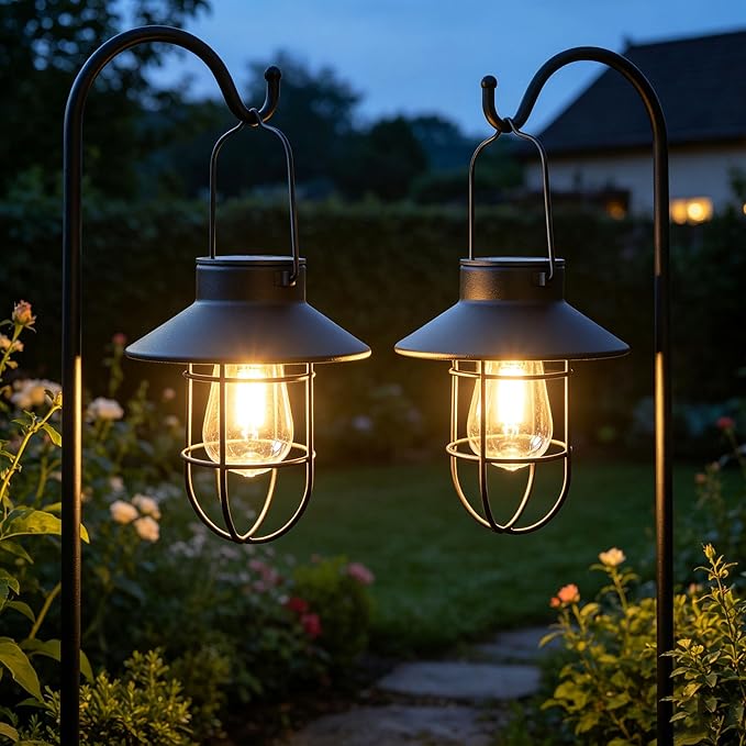4 Pack Hanging Solar Lantern Lights with Shepherd Hook, Metal Waterproof Warm White Edison Bulb Lights for Garden Outdoor Pathway