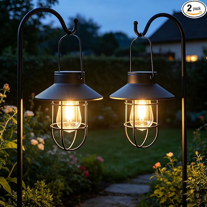 Solar Lantern 2pack Outdoor Hanging Light- Waterproof Vintage Metal Light with Shepherd Hook Decorative for Patio, Backyard, Porch, Yard (Black)