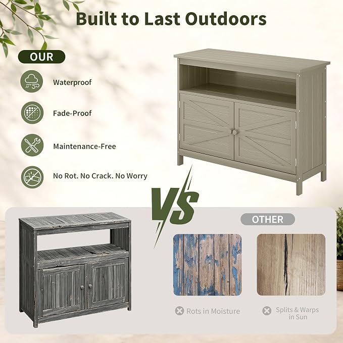 HIPS All-Weather Outdoor Storage Cabinet,Outdoor Sideboard with Magnetic Doors,3-Shelves Patio Storage Cabinet, Used for Garden,Buffet Cabinet,TV Stand, Bar Table,Balcony