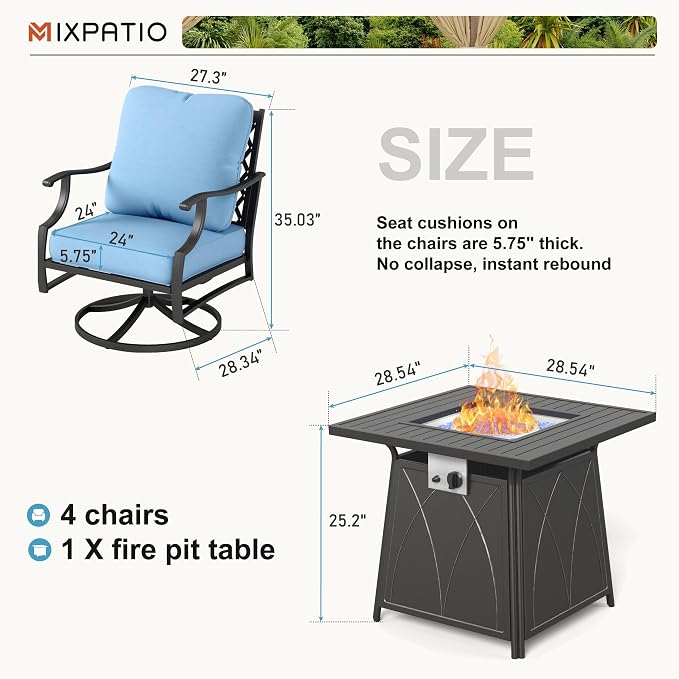 MIXPATIO Patio Furniture Set with Fire Pit Table, 5 Pcs Metal Outdoor Conversation Set, 4 Swivel Chairs with 5.75" Extra Thick Cushion and 28" Fire Pit Table for Backyard Deck, Blue