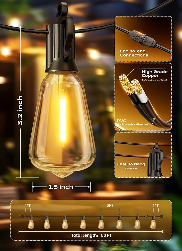 Brightown Outdoor String Lights, 50FT 25+2 LED ST38 LED Patio Lights Shatterproof, Dimmable IP65 Waterproof Connectable Hanging Outdoor Light for Backyard, Porch, Deck, Balcony