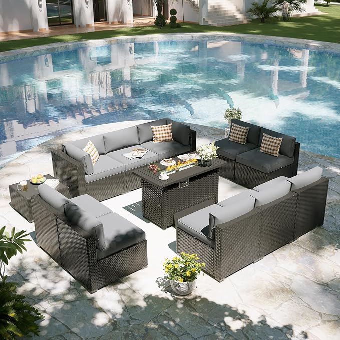Aoxun Patio Furniture Set with Fire Pit Table, 12 Piece Outdoor Sectional Sofas, 10 Seats Wicker Rattan Outdoor Furniture with Thickened Cushion for Backyard, Garden Light Grey