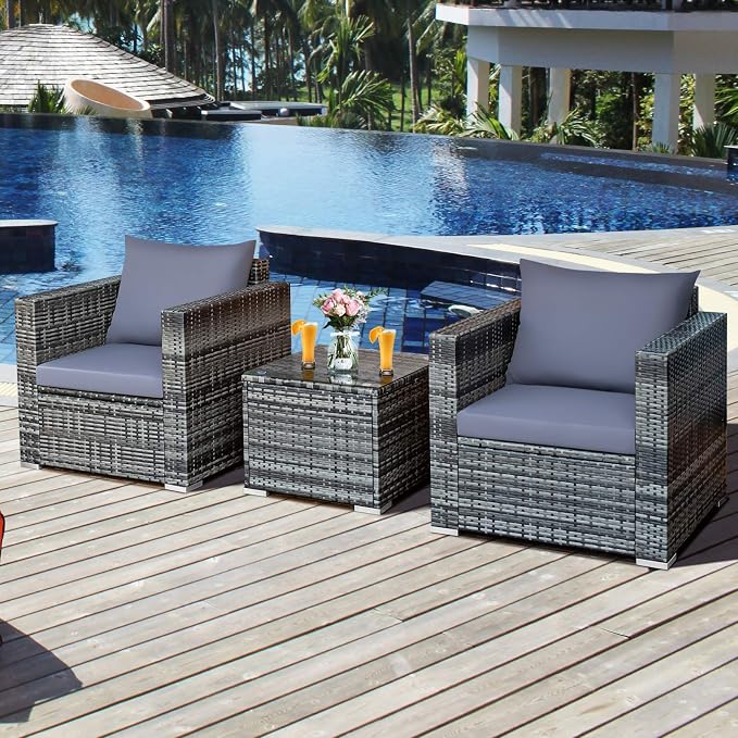 Tangkula 3 Pieces Patio Furniture Set, PE Rattan Wicker Sofa Set w/Washable Cushion and Tempered Glass Tabletop, Outdoor Conversation Furniture for Garden Poolside Balcony