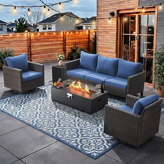 HUMMUH Patio Furniture Set with Fire Pit Table,5 Piece Wicker Outdoor Conversation Sets -Outdoor Swivel Rocker Chairs Patio Sofa for Porch,Garden,Backyard