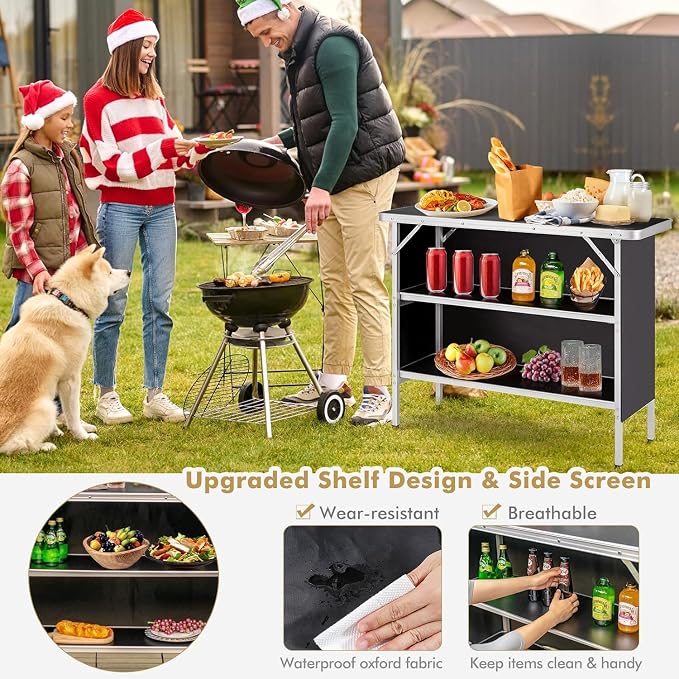 Goplus Folding Camping Table, Portable Pop-Up Bar Table with 2-Tier Storage Shelves, Removable Cloth Cover, Aluminum Foldable Camp Table for Picnic, Tailgate, Party, Travel, Outdoor