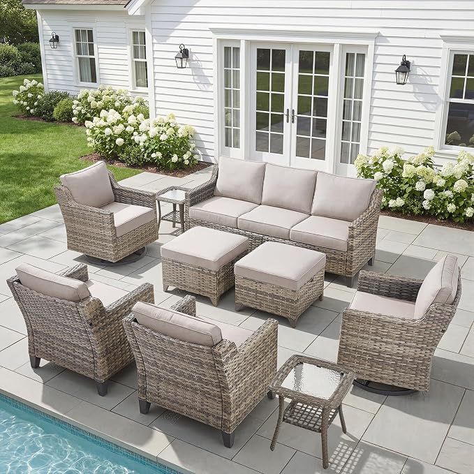 Belord Patio Wicker Swivel Rocker Patio Chairs with 3-Seater Sofa, Outdoor Rattan Chairs for Deck Porch Poolside, 9 Piece Patio Conversation Furniture Set,Beige