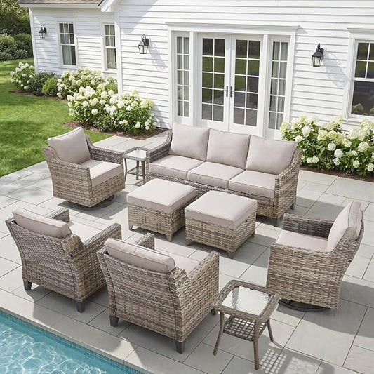 Belord Patio Wicker Swivel Rocker Patio Chairs with 3-Seater Sofa, Outdoor Rattan Chairs for Deck Porch Poolside, 9 Piece Patio Conversation Furniture Set,Beige