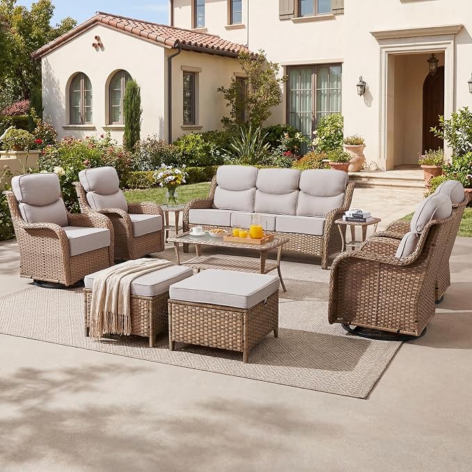 Luxury High Back Patio Furniture Set with 6-Inch Thick Cushions, 10-Pieces Outdoor Furniture with Swivel Chairs, Wicker Conversation Set for Porch, Balcony, Deck and Yard, Yellow/Beige