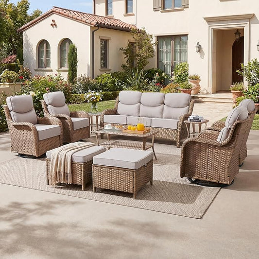 Luxury High Back Patio Furniture Set with 6-Inch Thick Cushions, 10-Pieces Outdoor Furniture with Swivel Chairs, Wicker Conversation Set for Porch, Balcony, Deck and Yard, Yellow/Beige