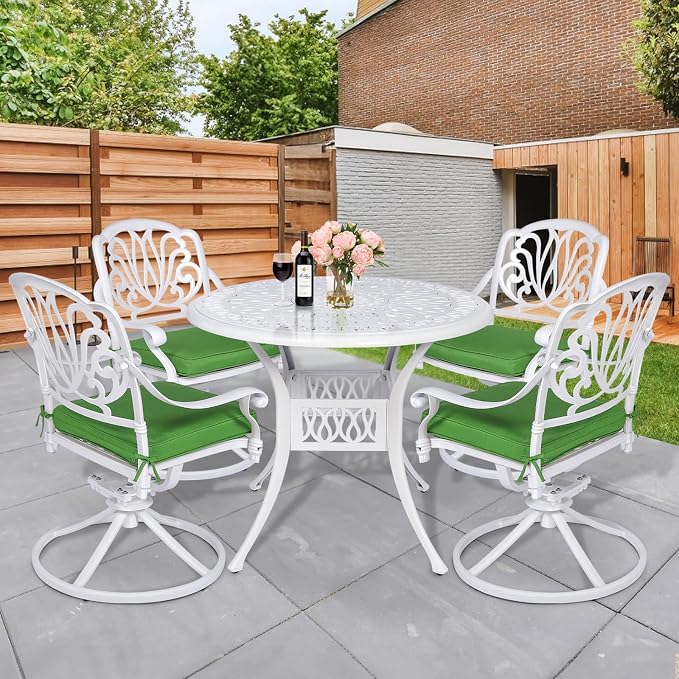 5 Piece Patio Dining Set, Outdoor Table and Chairs Set for 4 Cushioned Swivel Rocking Chairs and 35.4'' Round Table, All-Weather Cast Aluminum Patio Funiture Set, 2'' Umbrella Hole, White