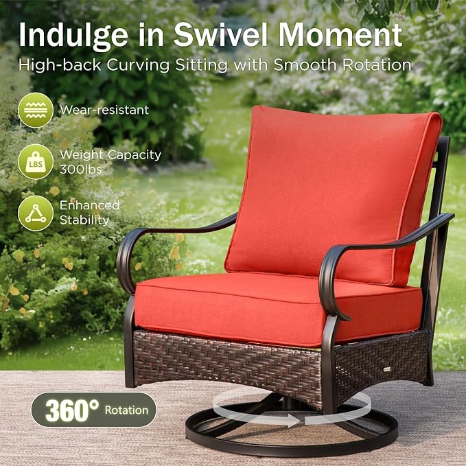 PHI VILLA Patio Furniture Set, Upgraded Wicker & Metal Modern Outdoor Conversation Sets Patio Sectional Swivel Chair Set with Coffee Table & Waterproof Thick Cushions for Porch, Deck(6 Pieces, Red)