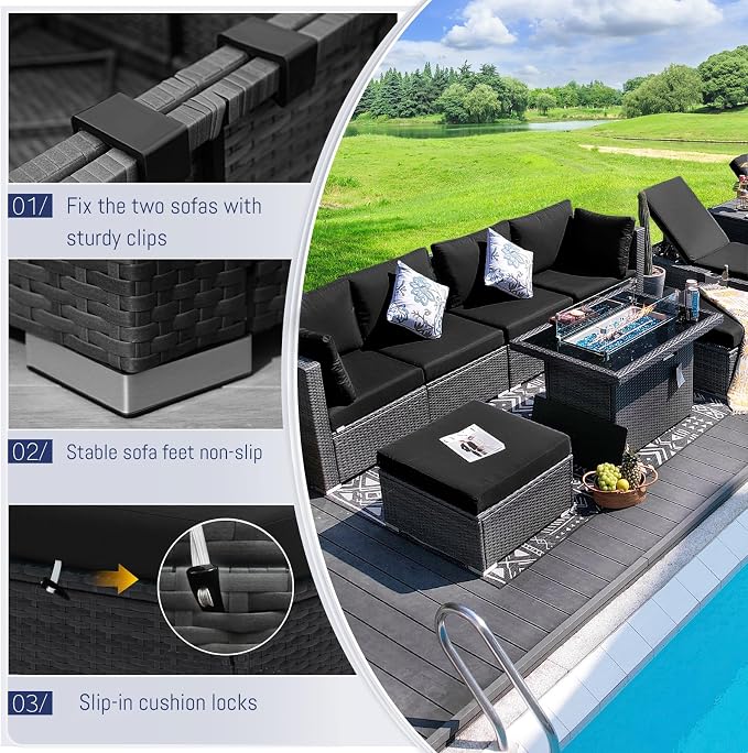 BULEXYARD 9 Pcs Highback Patio Furniture Set with Firepit, High-End Outdoor Sectional Couch with Ottoman 8-Seats, Cozy Comfy Wide Deep Deck Seating Group Conversation, Grey Rattan & Black Cushion