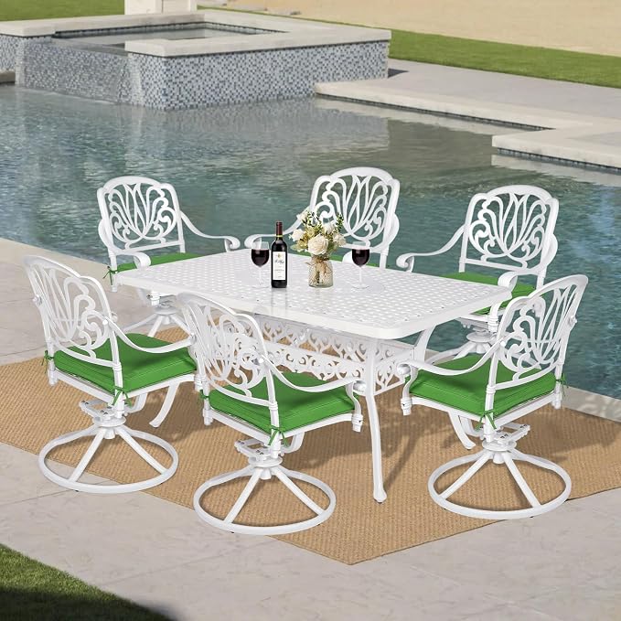 VIVIJASON 7-Piece Outdoor Furniture Dining Set, All-Weather Cast Aluminum Conversation Set Includes 6 Swivel Dining Chairs and a Rectangle Table with Umbrella Hole for Patio Garden Deck, White