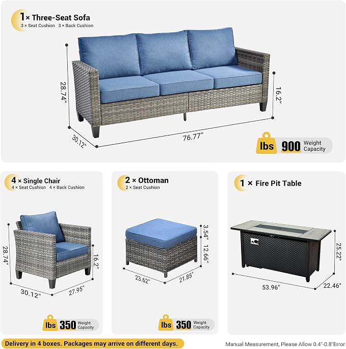 ovios 8 Pieces Patio Furniture Set with 54" Fire Pit Table, Outdoor Wicker Sofa with Comfy Cushions, All Weather High Back Rattan Couch Conversation Set, Denim Blue