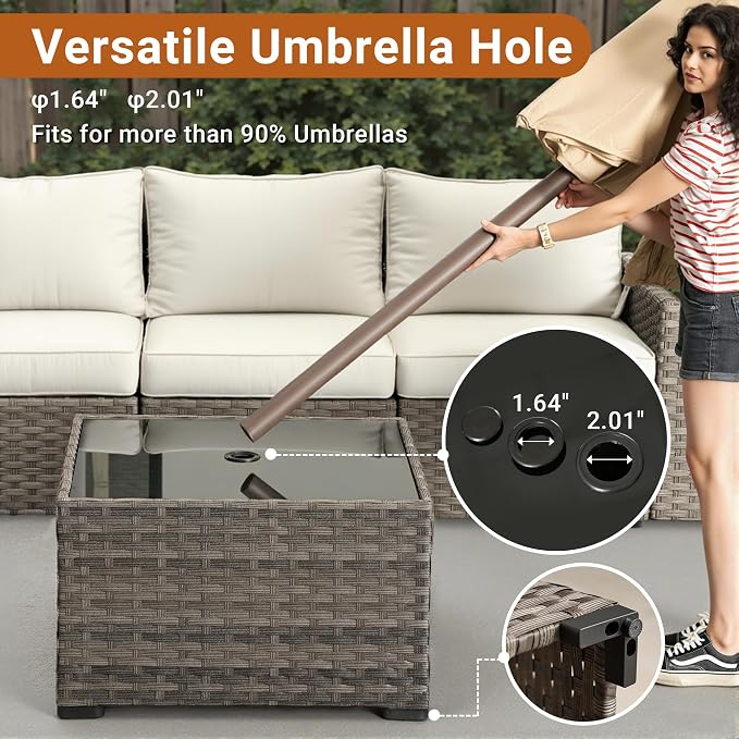 HOOOWOOO Outdoor Patio Side Table with Umbrella Hole,Wicker Coffee End Table Glass Top,Umbrella Table with 1.64" and 2" Hole for Yard,Deck,Porch,Garden(Rectangle Brown)