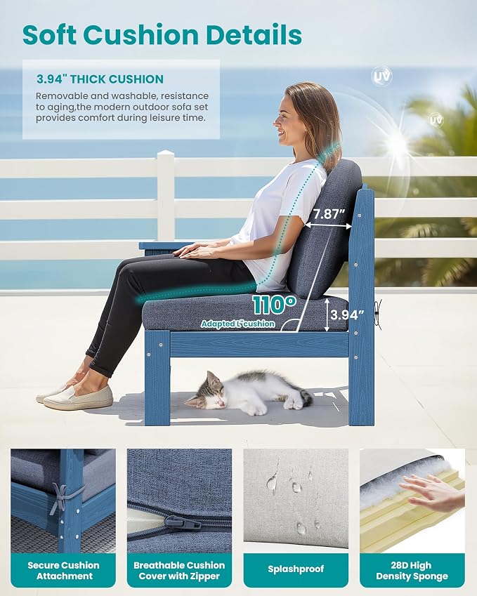 SERWALL 2 Pieces Patio Sofa Set, Durable HDPE Outdoor Lounge Sofa with Removable Cushions and Ottoman, Modern Modular Conversation Set for Porch or Balcony, Blue Frame with Grey Cushion