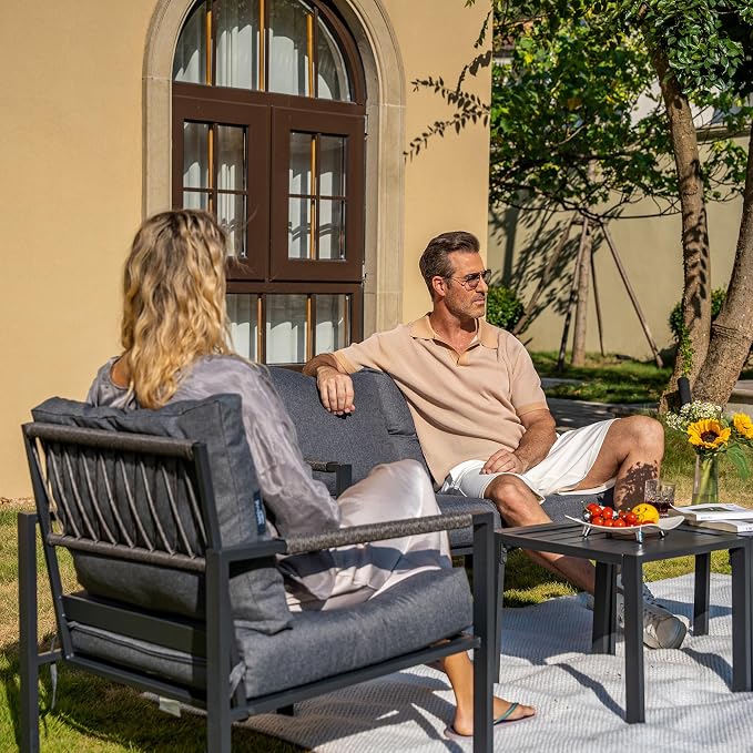 Metal Patio Furniture Set w/Fire Pit Table, 6-Piece Modern Outdoor Conversation Set with 6-Inch Thick Cushions, Outdoor Furniture Set for Garden, Backyard, Balcony, Poolside (Dark Grey)