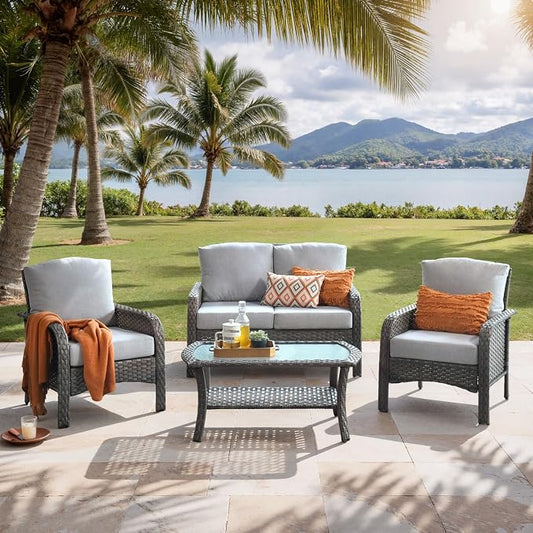 4-Piece Outdoor Patio Furniture Set with Coffee Table, Outdoor Conversation Wicker Sofa with Thickened Cushions, Rattan Couch for Deck Yard Poolside, Grey