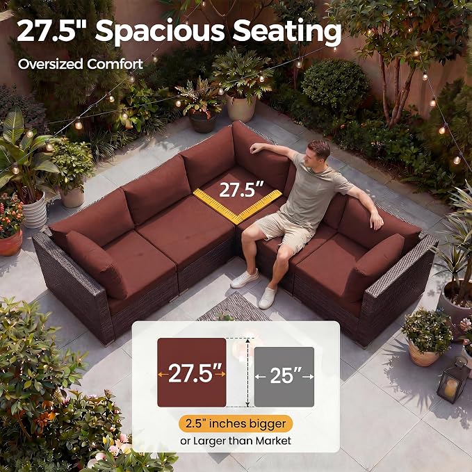 NICESOUL Modern 9 Pcs Patio Sectional Sofa Set with Fire Pit Natural Gas/Propane, Extra Large Outdoor Furniture Sets, 29.3'' High Back Deep Seats Conversations 8 Seater, Brown Rattan and Red Cushion
